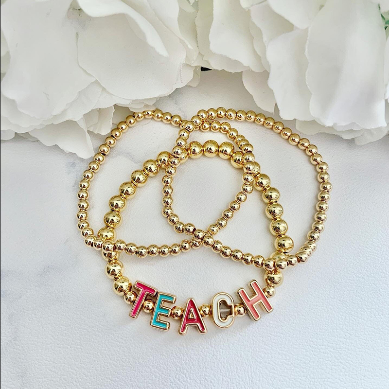 Colored Letters Teach Gold Beaded Bracelet