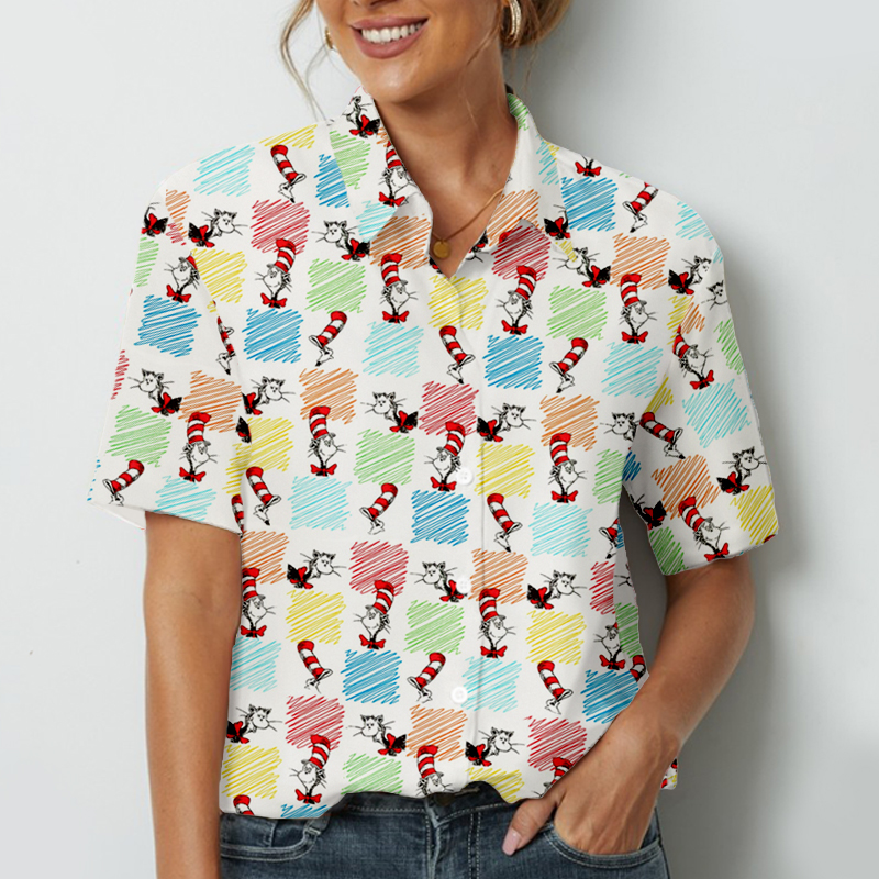 Colorful Plaid Cartoon Dog Teacher Short Sleeve Shirt