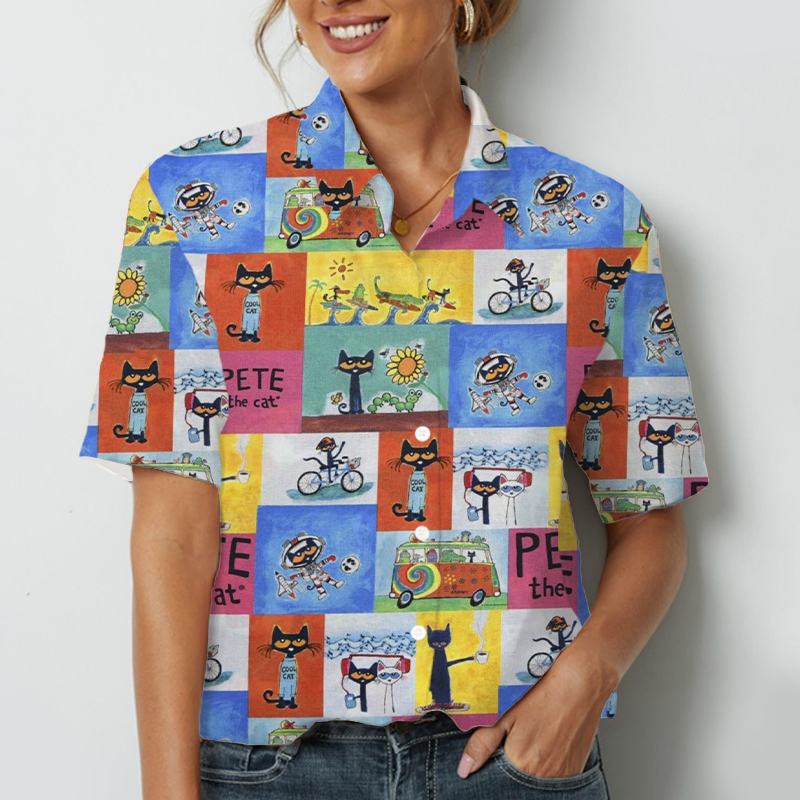 Cartoon Cat Teacher Short Sleeve Shirt