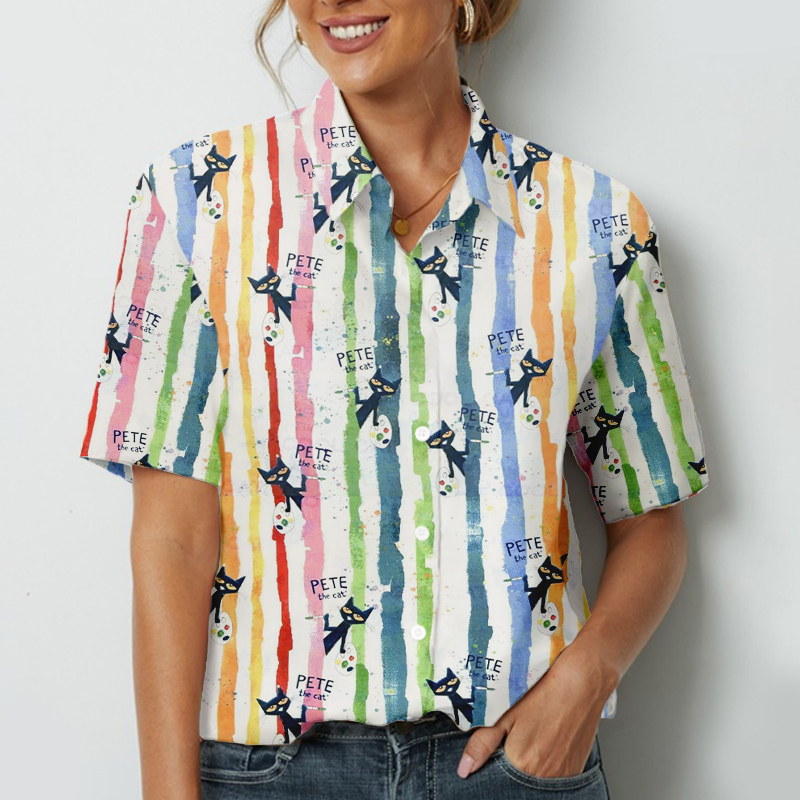 Color Striped And Black Cartoon Cat Teacher Short Sleeve Shirt