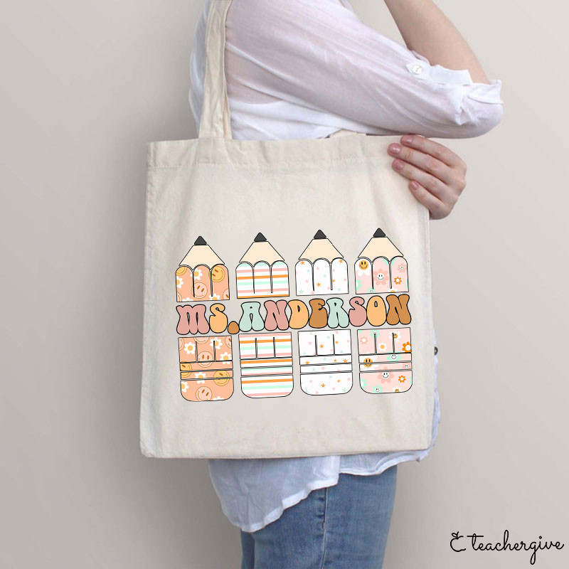 Personalized Colour Pencil Teacher Name Teacher Tote Bag