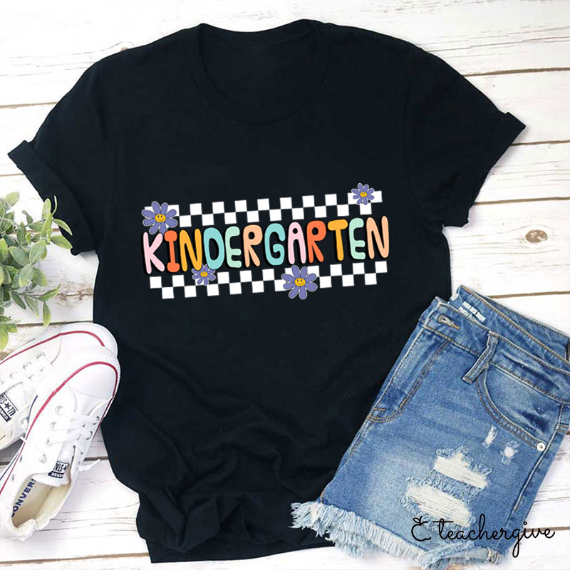 Personalized Grade Black And White Checkerboard Grid Teacher T-Shirt