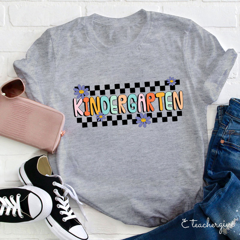 Personalized Grade Black And White Checkerboard Grid Teacher T-Shirt