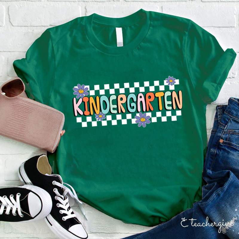 Personalized Grade Black And White Checkerboard Grid Teacher T-Shirt