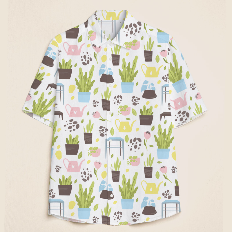 Spring Green Plants And Pink Watering Teacher Short Sleeve Shirt