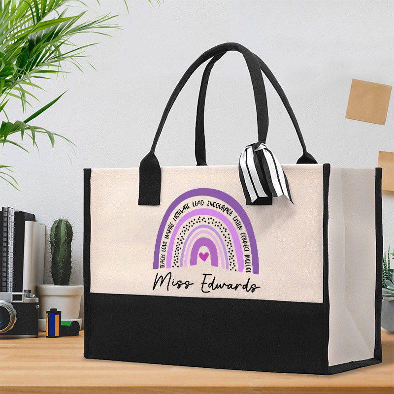 Teachergive Personalized Purple Rainbow Teacher Cotton Tote Bag sale