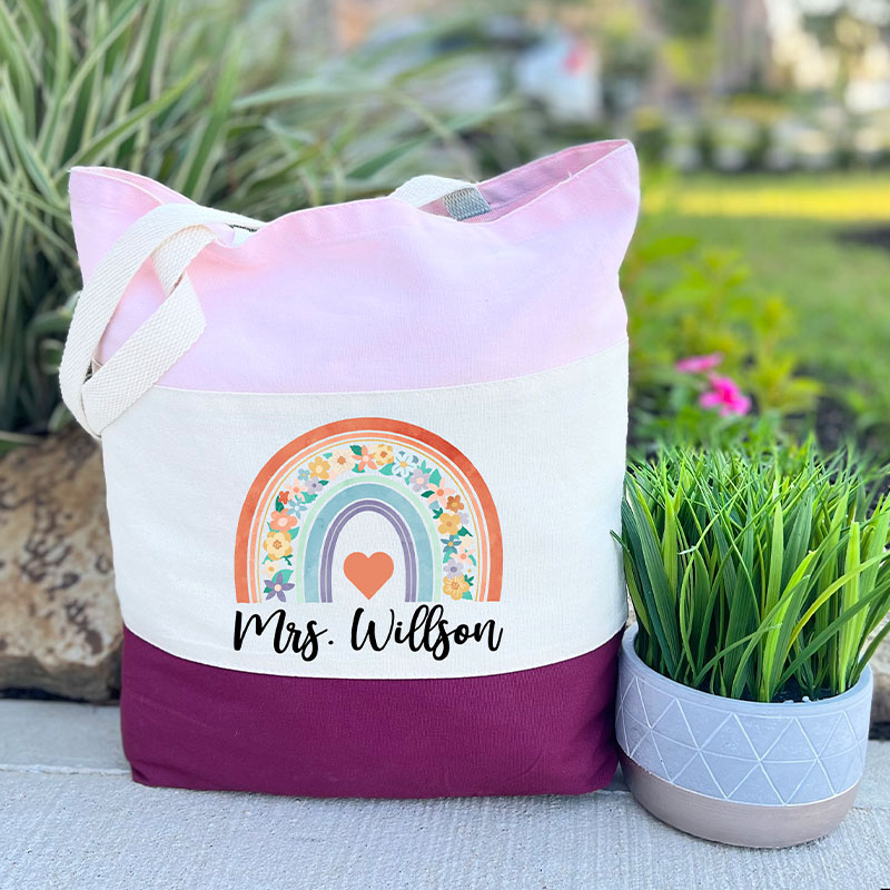 Personalized Flower Rainbow Teacher Tote Bag