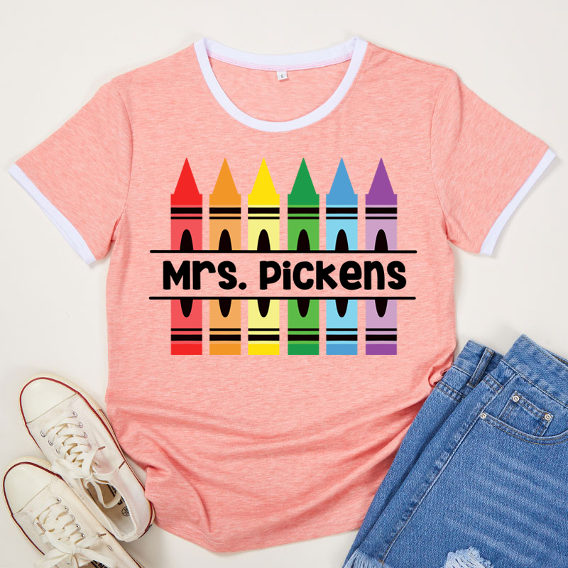 Personalized Pencil Crayon Teacher Name Teacher Piping T-Shirt