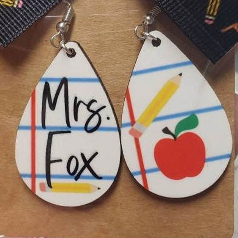 Personalized Name Pencil And Red Apple Wooden Earrings