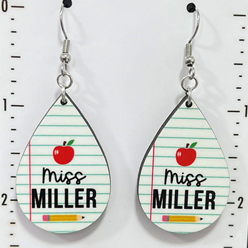Personalized Name Notebook Pencil And Red Apple Drop Wooden Earrings
