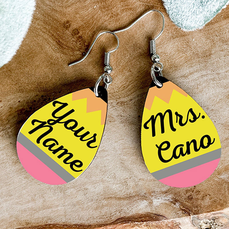 Personalized Name Yellow And Pink Pencil Color Drop Wooden Earrings