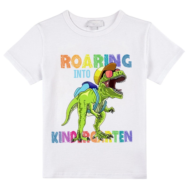 Personalized Roaring Into Kindergarten Dinosaur Teacher Kids T-Shirt