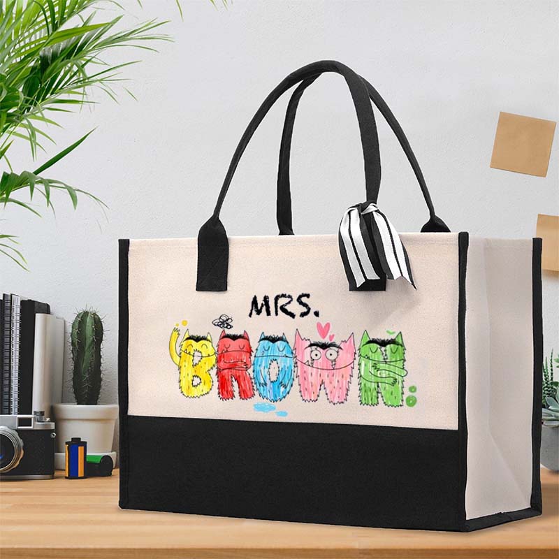 Personalized Name Lively Cute Colorful Monsters Teacher Cotton Tote Bag