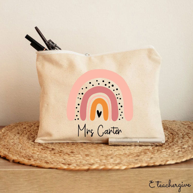 Personalized Pink Rainbow Teacher Makeup Bag