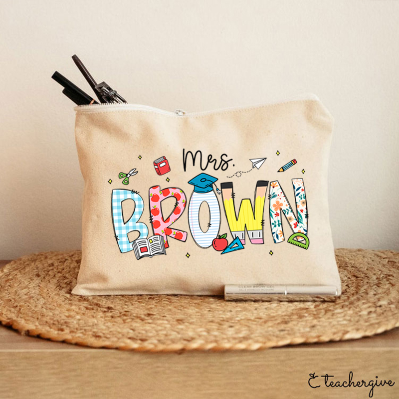 Personalized Name Cartoon Stationery Teacher Makeup Bag