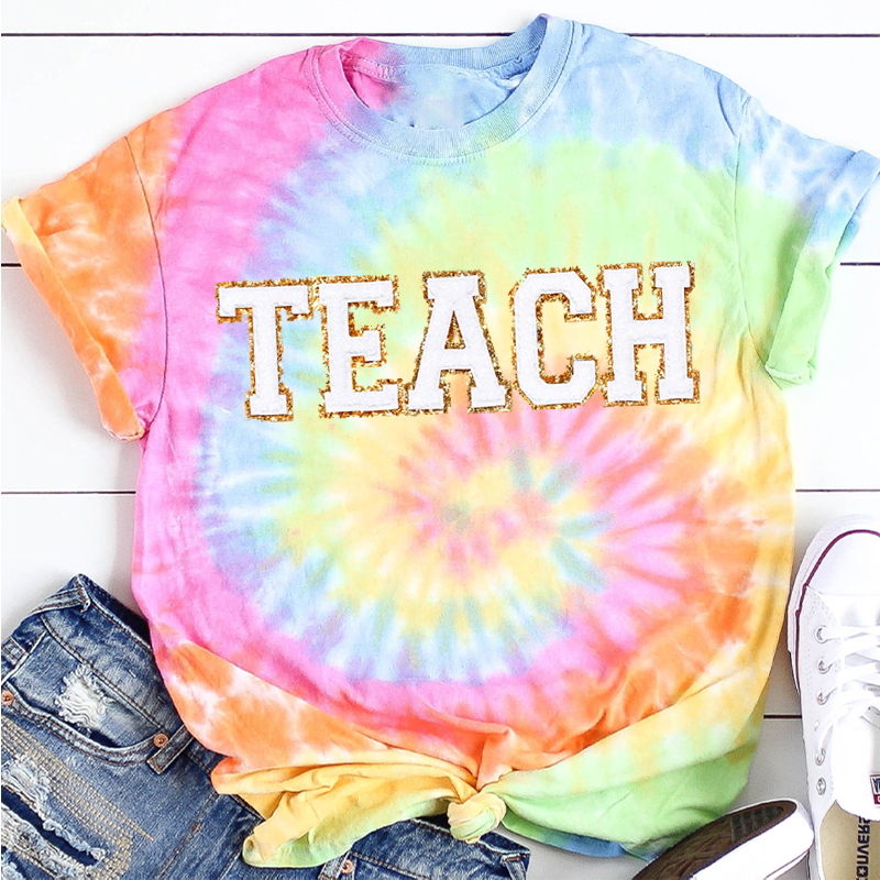 Glitter Gold Letter Stickers Teach Teacher Tie-dye T-Shirt