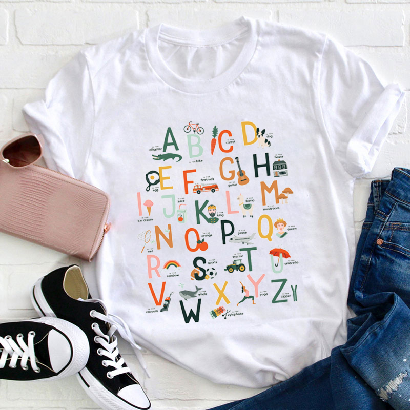 Alphabet With Words And Animal Teacher T-Shirt