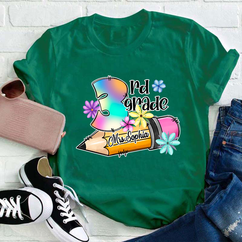Personalzied Flower Pencil Teacher T-Shirt
