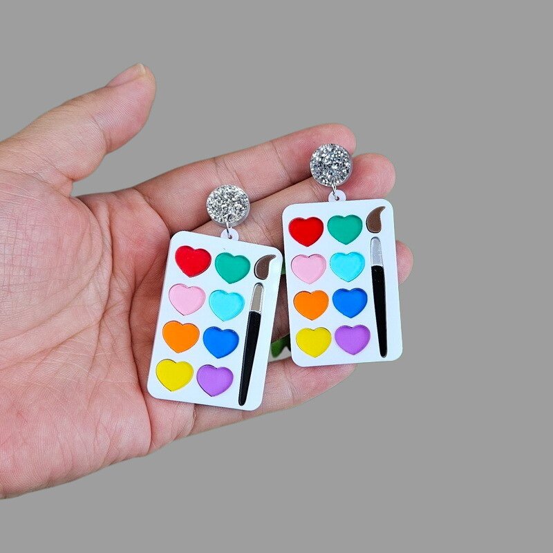 Heart Rainbow Paint Dish Brush Acrylic Earrings