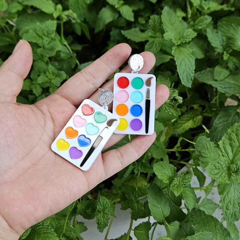 Heart Rainbow Paint Dish Brush Acrylic Earrings