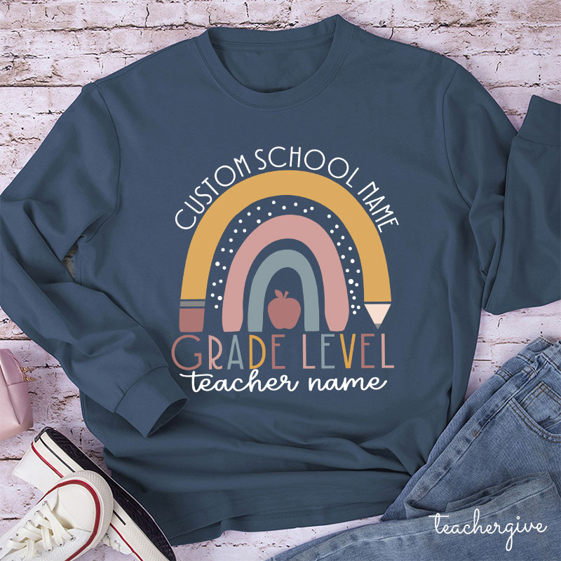 Personalized Name Rainbow Apple Teacher Long Sleeve T-Shirt