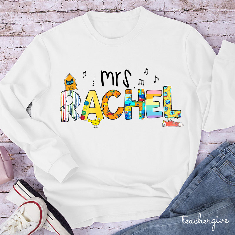 Personalized Name Smile Cat Teacher Long Sleeve T-Shirt