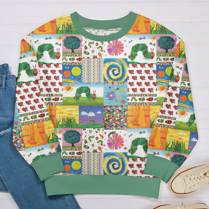 Green Caterpillar And Colorful Garden Teacher Printed Sweatshirt