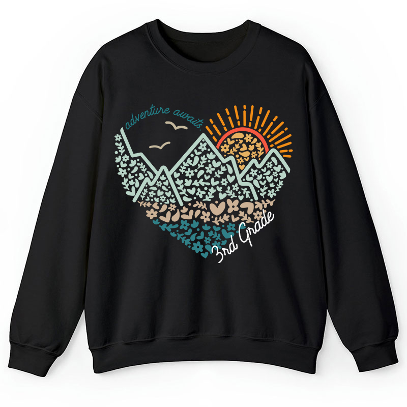 Personalized Grade Adventure Awaits Flower Mountain Sun Teacher Sweatshirt