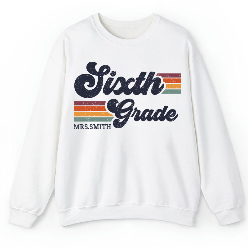 Personalized Grade And Name Retro Horizontal Stripes Teacher Sweatshirt