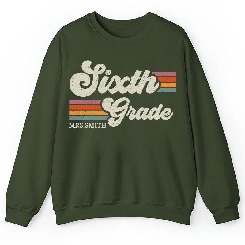 Personalized Grade And Name Retro Horizontal Stripes Teacher Sweatshirt