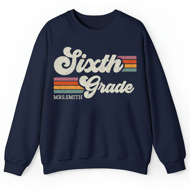 Personalized Grade And Name Retro Horizontal Stripes Teacher Sweatshirt
