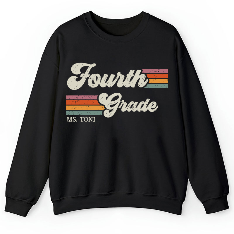 Personalized Grade And Name Retro Horizontal Stripes Teacher Sweatshirt