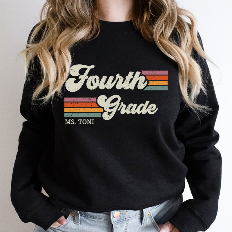 Personalized Grade And Name Retro Horizontal Stripes Teacher Sweatshirt