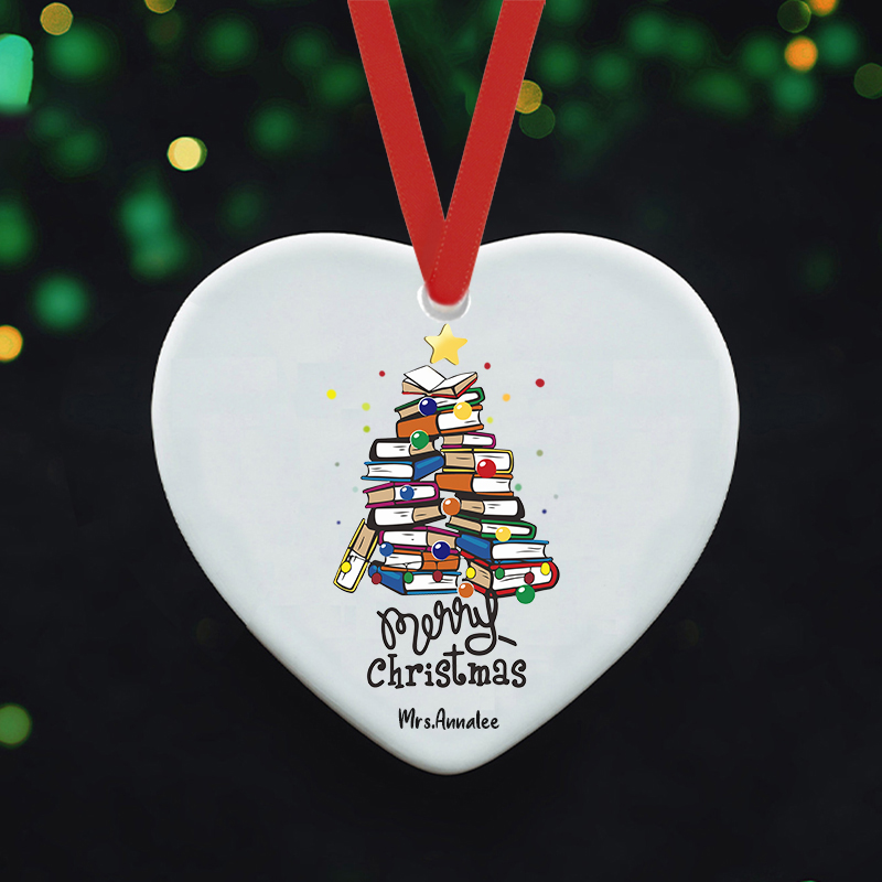 Personalized Merry Christmas Books Teacher Ceramic Christmas Ornament
