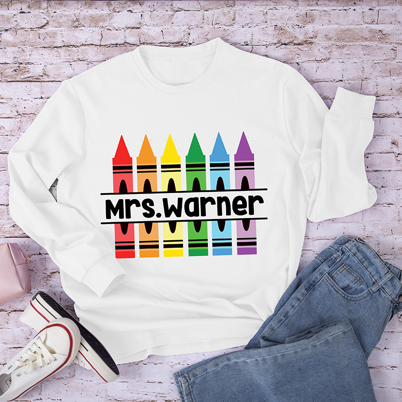 Personalized Pencil Crayon Teacher Name Long Sleeve T-Shirt