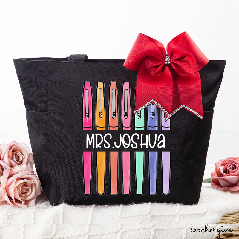 Personalized Name Colored Pens Teacher Large Tote Bag (free for the bowknot)
