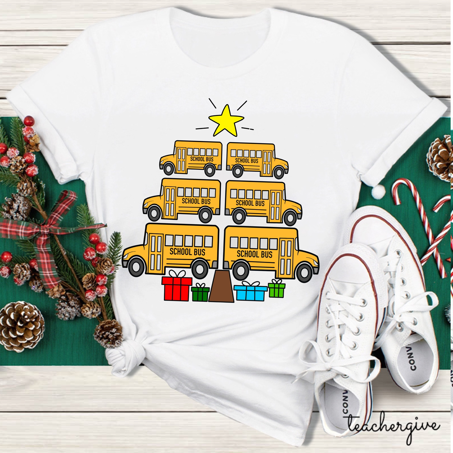 Our School Bus Deliver Christmas Presents Also Teacher T-Shirt