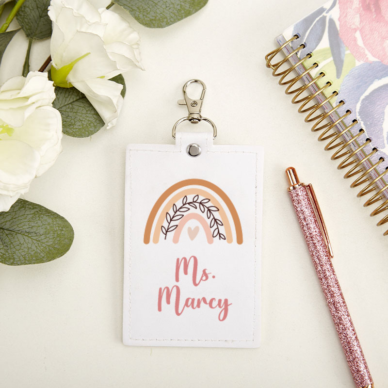 Personalized Brown Boho Rainbow with Leaves Badge Holder