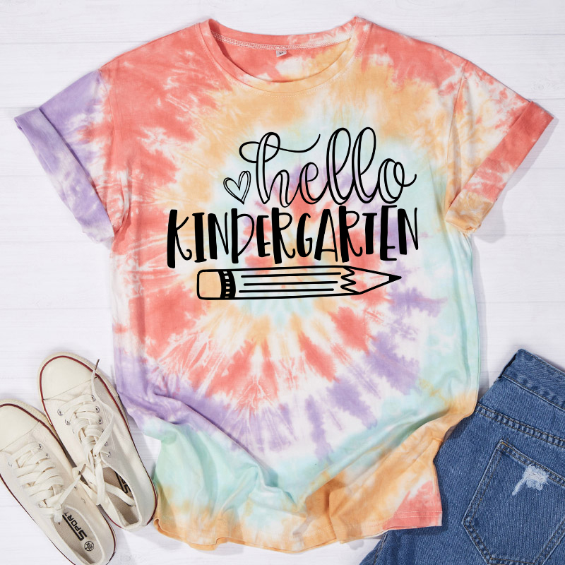 Personalized Hello Kindergarten Teacher Tie-dye T-Shirt