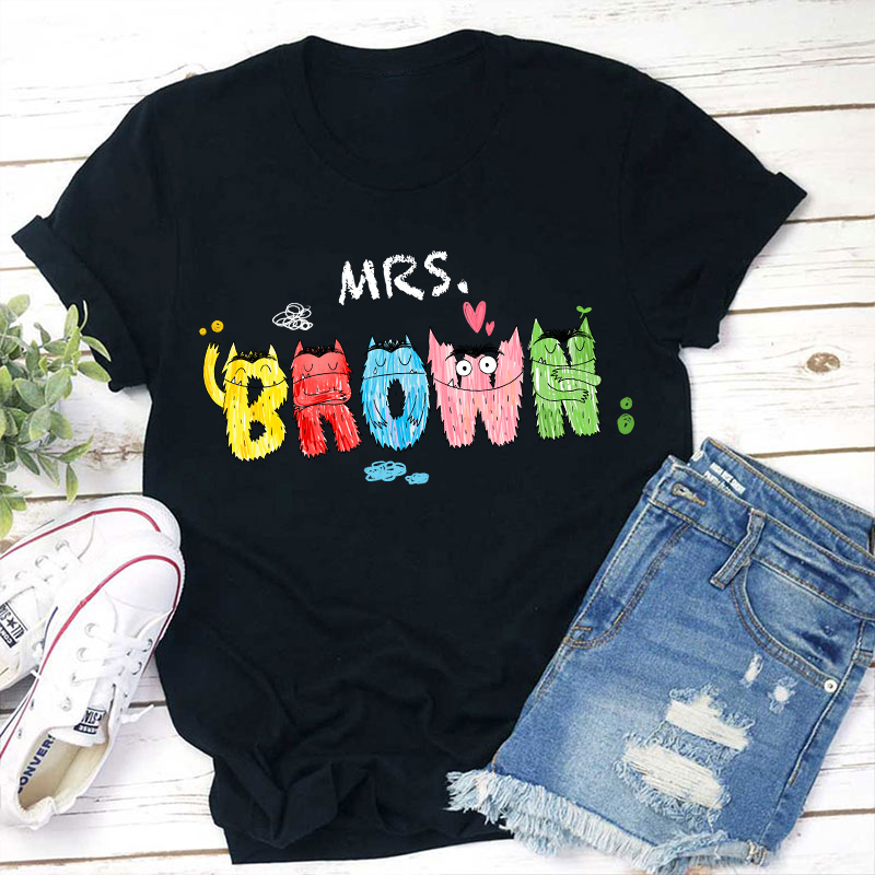Personalized Name Lively Cute Colorful Monsters Teacher T-Shirt