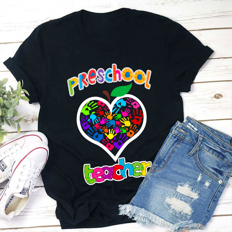 Personalized Colorful Little Hands Form A Love Heart Teacher T-Shirt