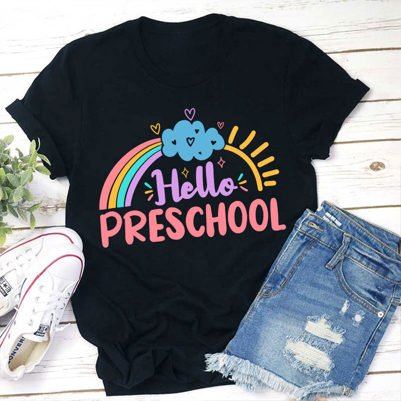 Personalized Colorful Cartoon Sunshine Rainbow And Clouds Teacher T-Shirt