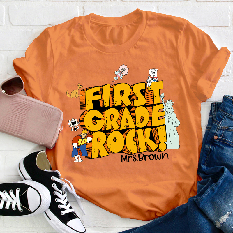 Personalized Name And Grade Rock Teacher T-Shirt