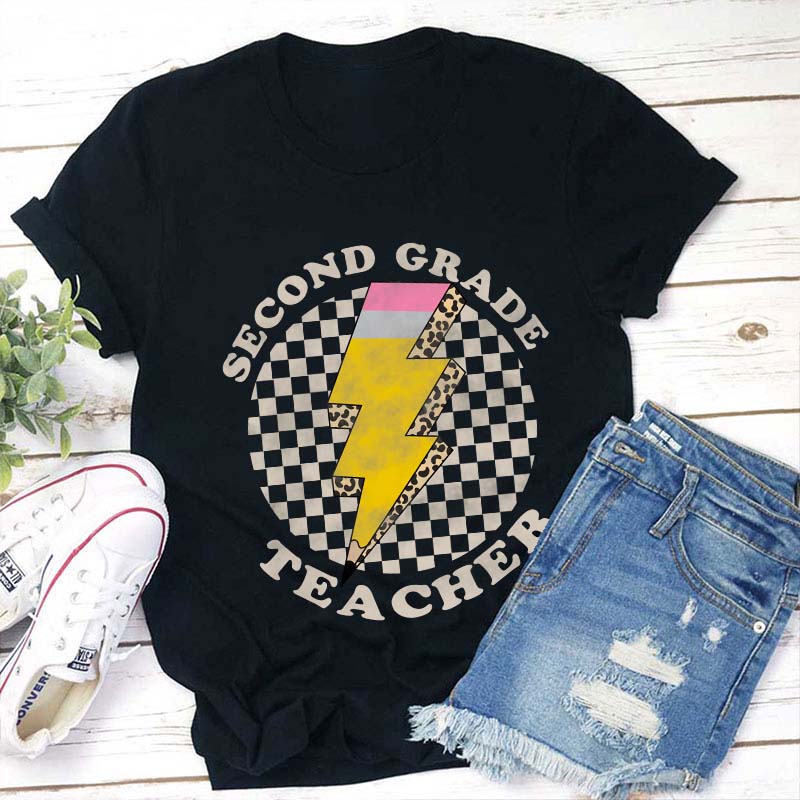 Personalized Grade Pencil Lighting Teacher T-Shirt