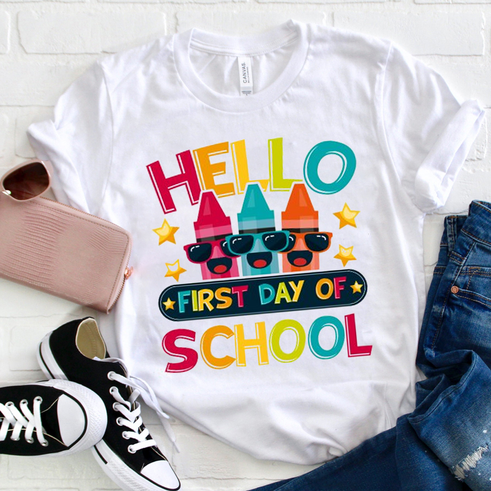 Hello First Day Of School Crayons Wearing Glasses  T-Shirt