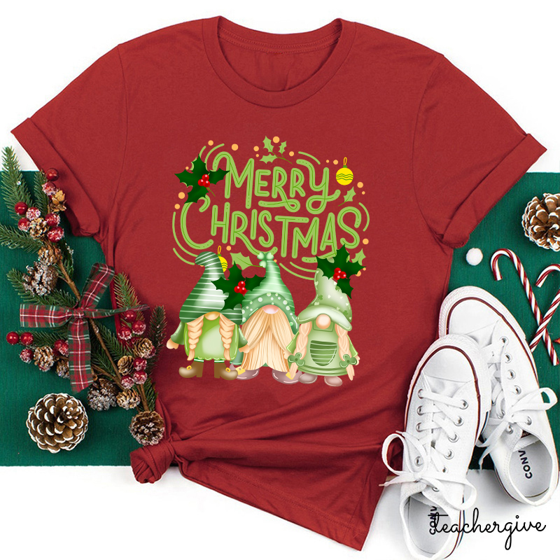 Merry Christmas Three Green Gnomes Teacher T-Shirt
