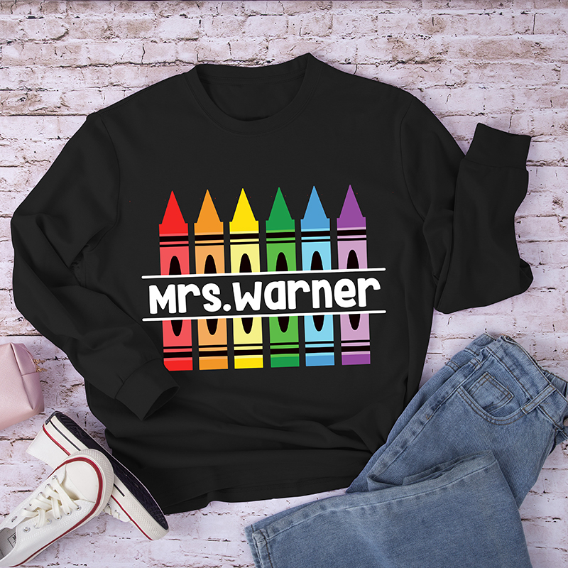 Personalized Pencil Crayon Teacher Name Long Sleeve T-Shirt