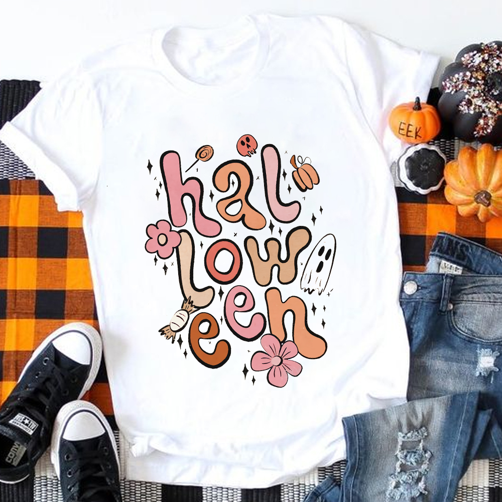 Flower And Cute Ghost Halloween T-Shirt
