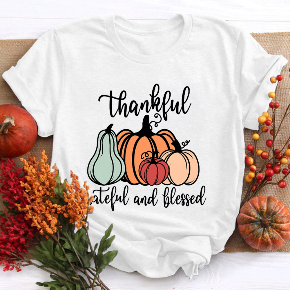 Thankful Grateful And Blessed Pumpkin Teacher T-Shirt