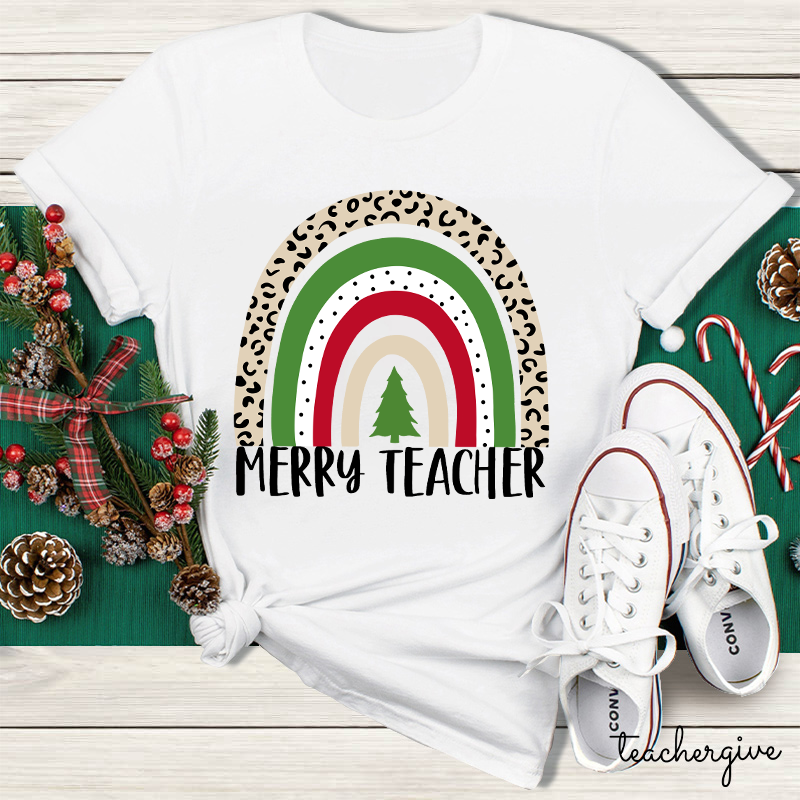 Merry Teacher Christmas Vibes Rainbow Teacher T-Shirt